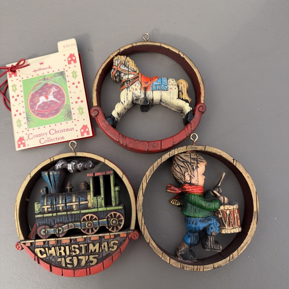 Vintage 1975 Hallmark Ornaments Train, Drummer, Horse Lot (3)